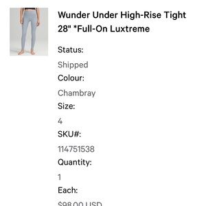 Lululemon Wunder Under High Rise 28” Chambray (light blue) worn once!